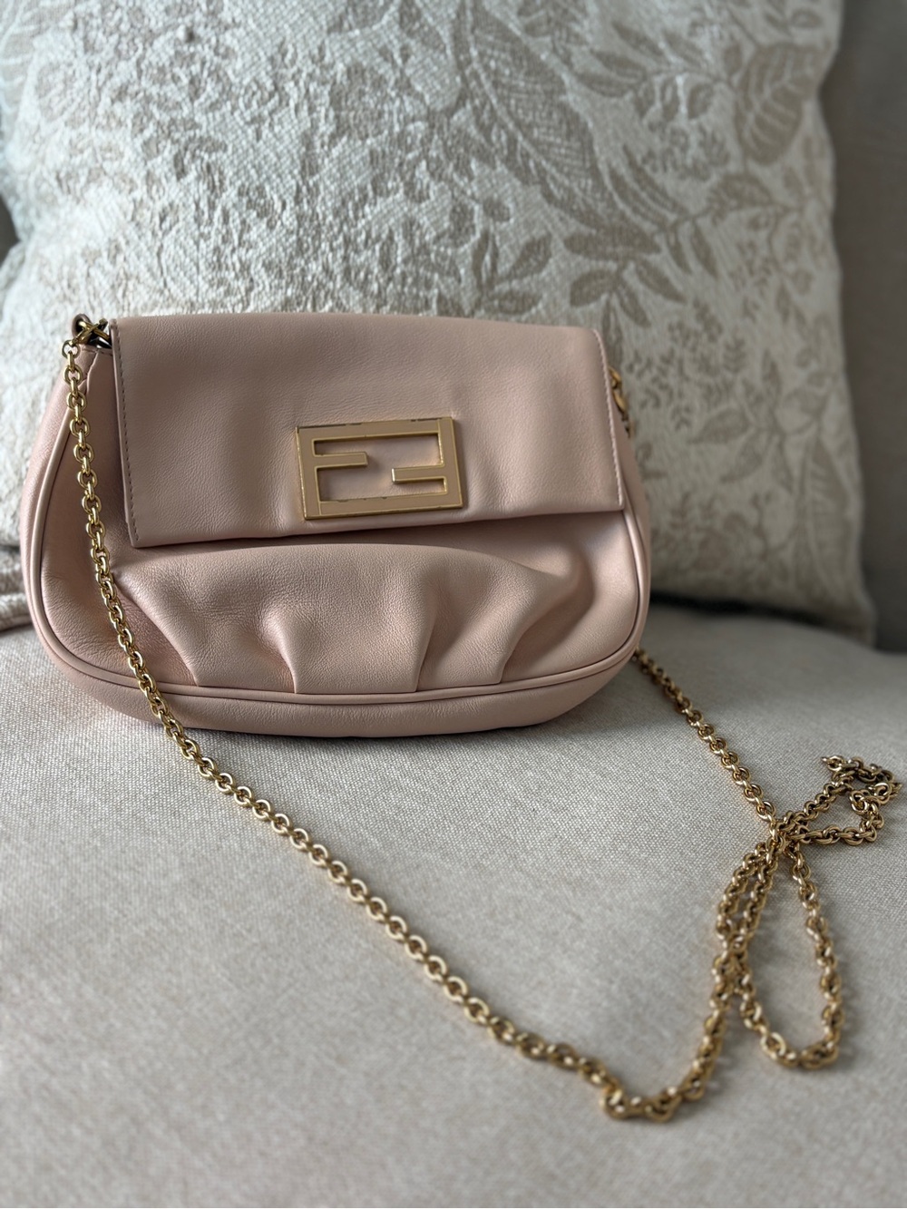 Fendi Blush Pink Leather Shoulder Bag with Gold Chain